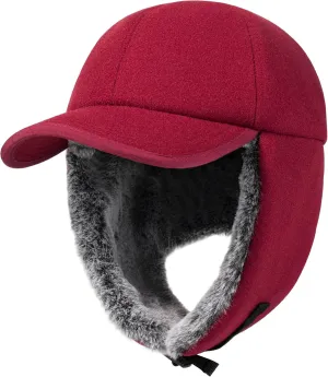 Trapper Baseball Hat with Earflap. Wool Outer, Faux Fur Lining.