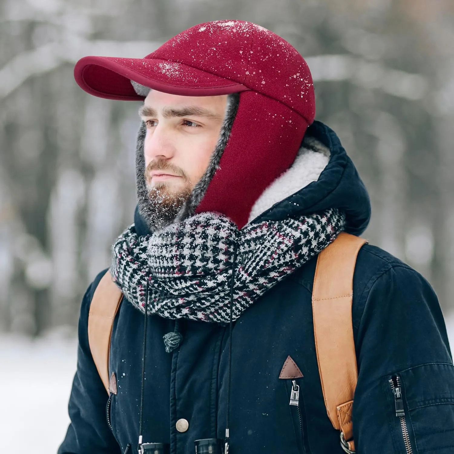Trapper Baseball Hat with Earflap. Wool Outer, Faux Fur Lining.