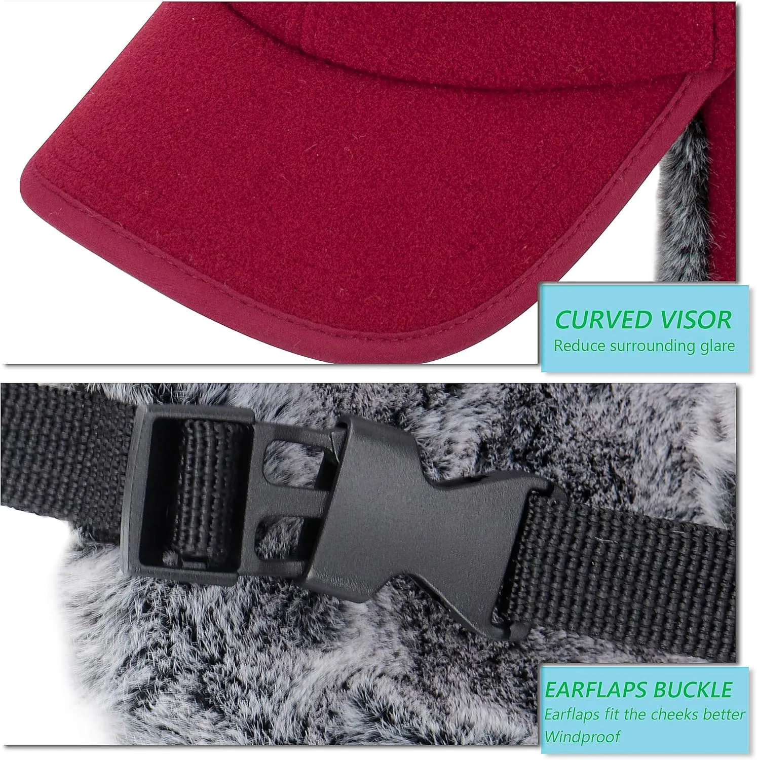 Trapper Baseball Hat with Earflap. Wool Outer, Faux Fur Lining.