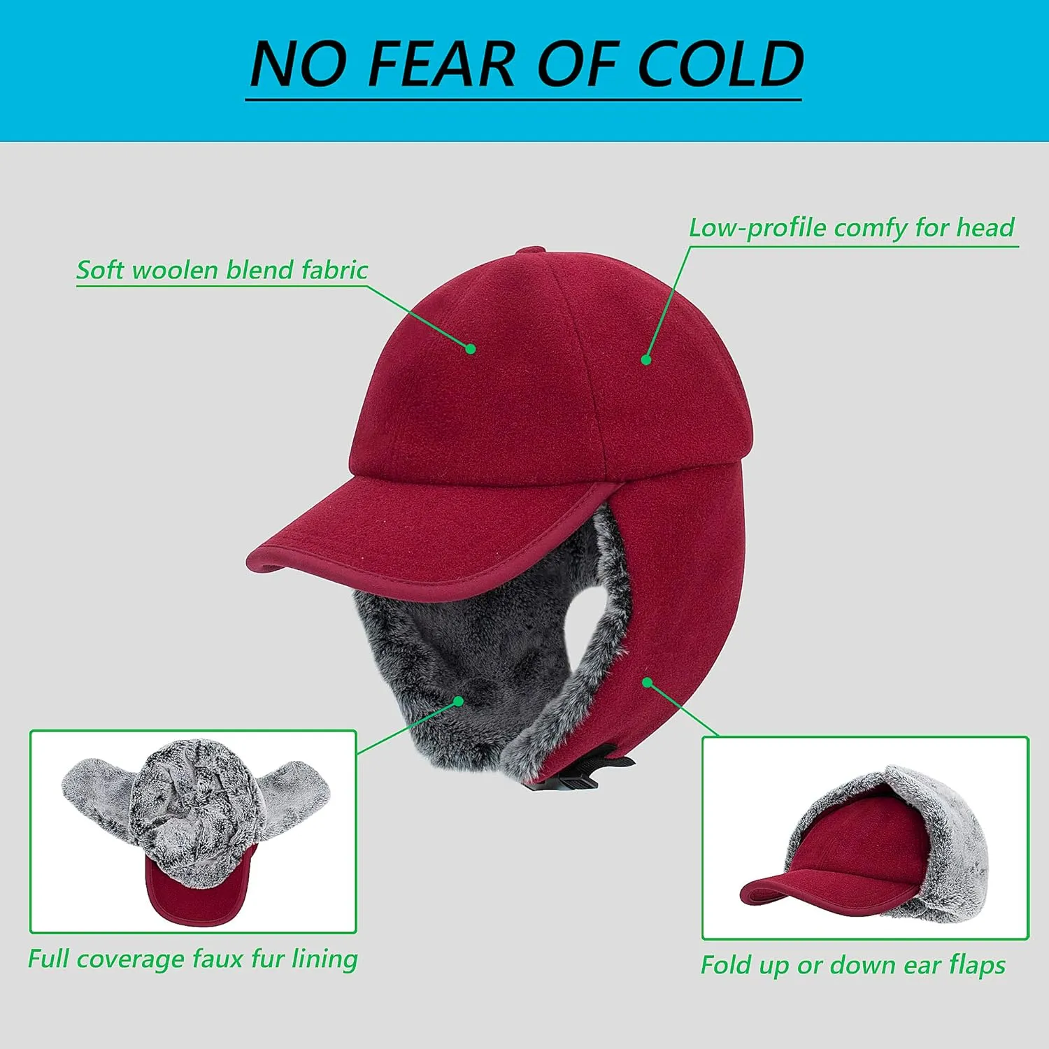 Trapper Baseball Hat with Earflap. Wool Outer, Faux Fur Lining.