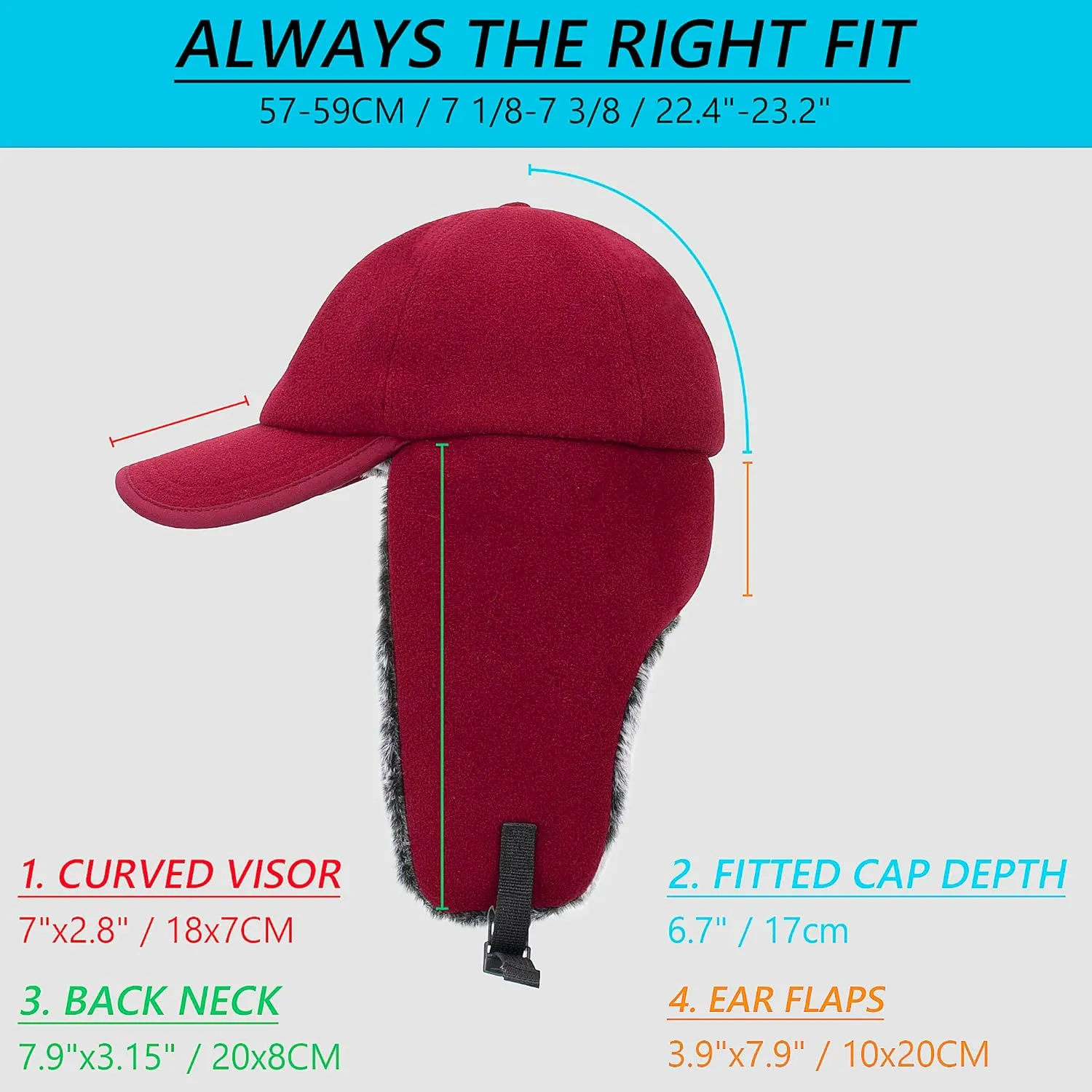 Trapper Baseball Hat with Earflap. Wool Outer, Faux Fur Lining.