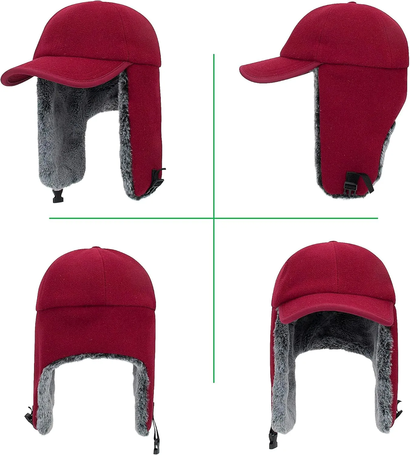 Trapper Baseball Hat with Earflap. Wool Outer, Faux Fur Lining.