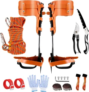 Tree Climbing Spikes Kit, Tree Climbing Gear, Cow Leather Tree Climbing Tool with Steel Wire Core Flip Line, Height Adjustable Tree Climbing Equipment for Fruit Picking, Tree Work, Orange