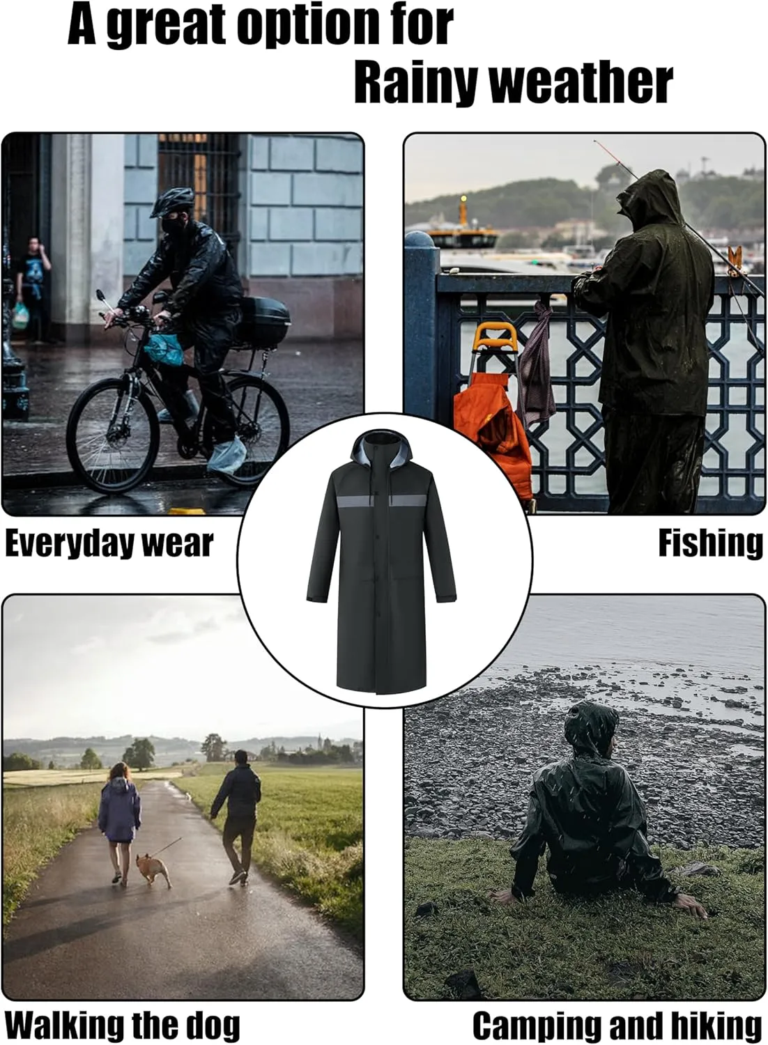 Ubon Mens Long Rain Coat Waterproof with Hood, Lightweight Rain Jacket Spring Windbreaker for Travel and Hiking