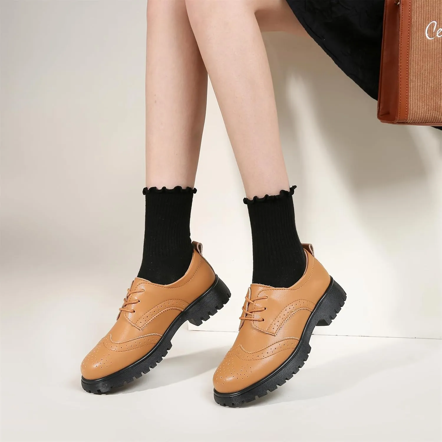 Veroders Women's Wingtip Brogue Oxfords Dress Pumps Platform Lace-Up Round Toe Oxfords Chunky Pumps Business Classic Formal School