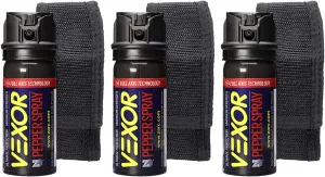 Vexor Pepper Spray w/Holster for self Defense - 3 Pack, Maximum Police Strength, 20-Foot Range, Full Axis (360°) Capability, Flip Top Safety for Quick and Accurate Aim, Protection for Women and Men
