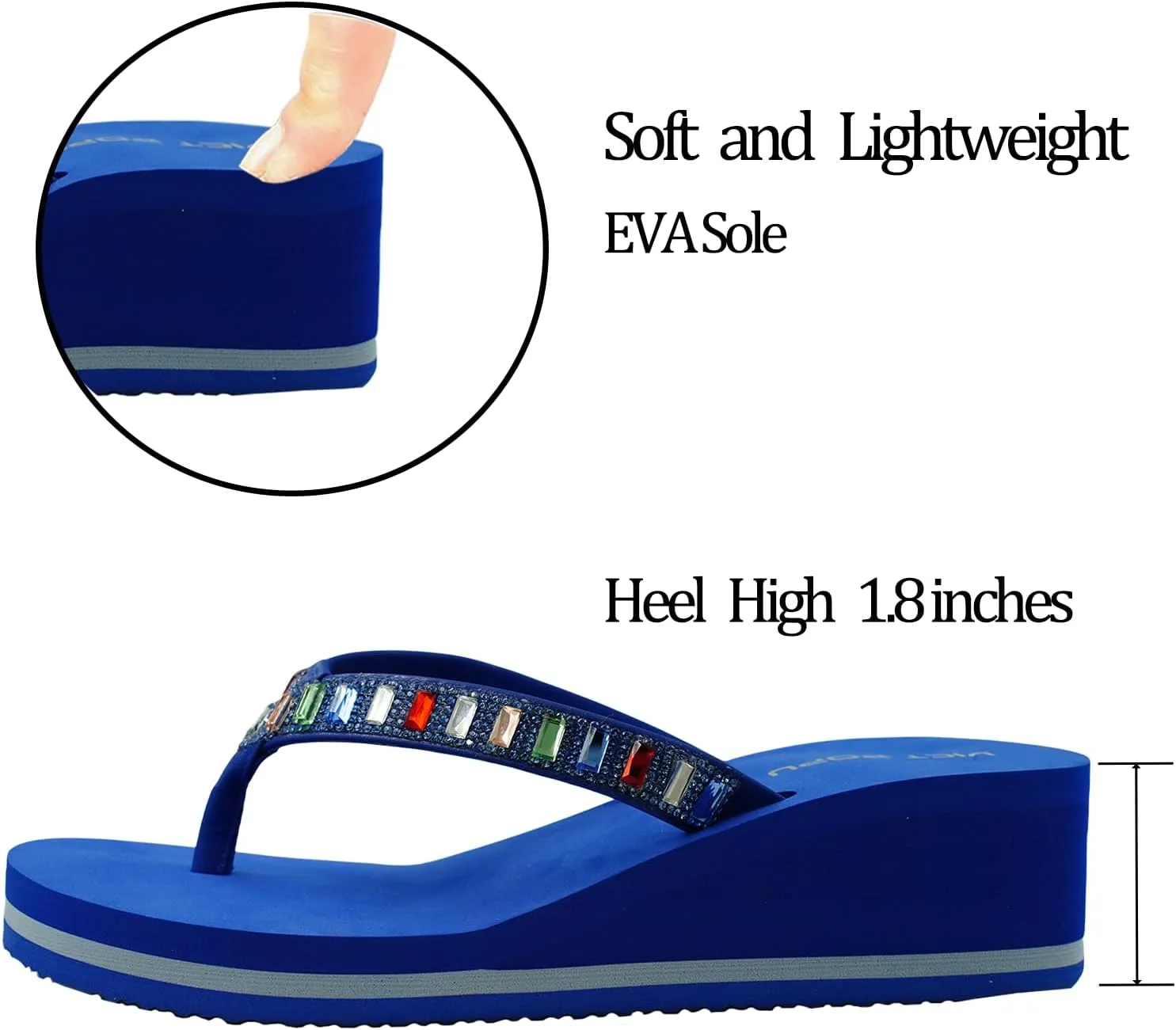 VICT POPU Flip Flops Sandals for Women Bling Rhinestones Jewel High Heel Arch Support Comfortable Soft Cushion Wedge Slip-on Casual Platform Summer Thong Sandals