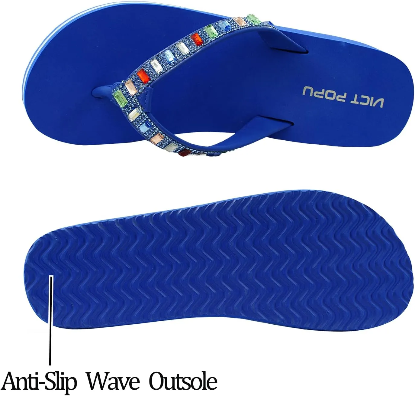 VICT POPU Flip Flops Sandals for Women Bling Rhinestones Jewel High Heel Arch Support Comfortable Soft Cushion Wedge Slip-on Casual Platform Summer Thong Sandals