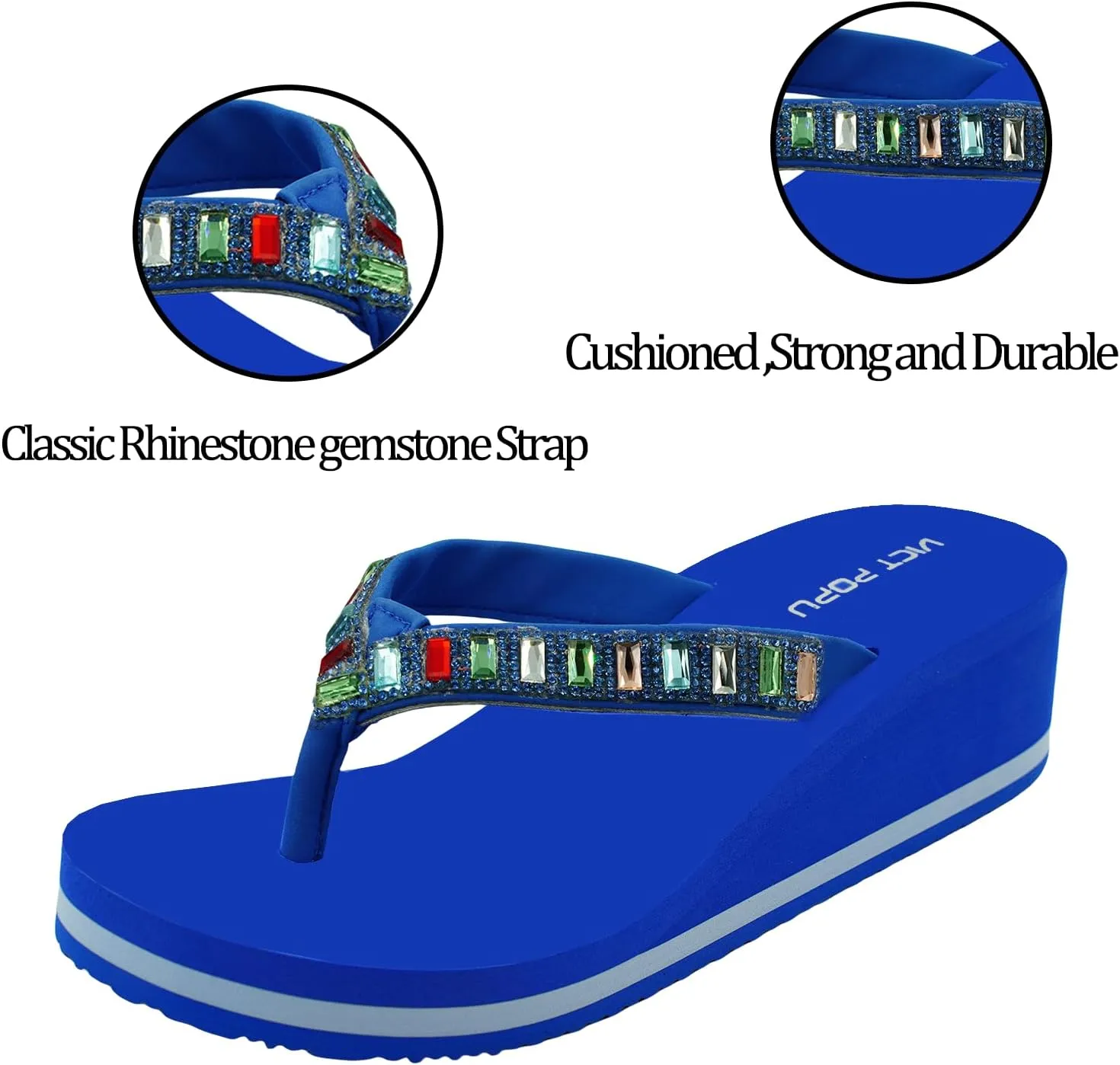 VICT POPU Flip Flops Sandals for Women Bling Rhinestones Jewel High Heel Arch Support Comfortable Soft Cushion Wedge Slip-on Casual Platform Summer Thong Sandals