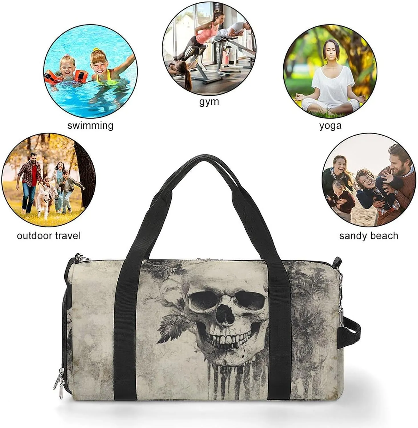 Vintage Gothic Skull Fitness Large Gym Bag for Unisex with Shoe Compartment & Wet Pocket
