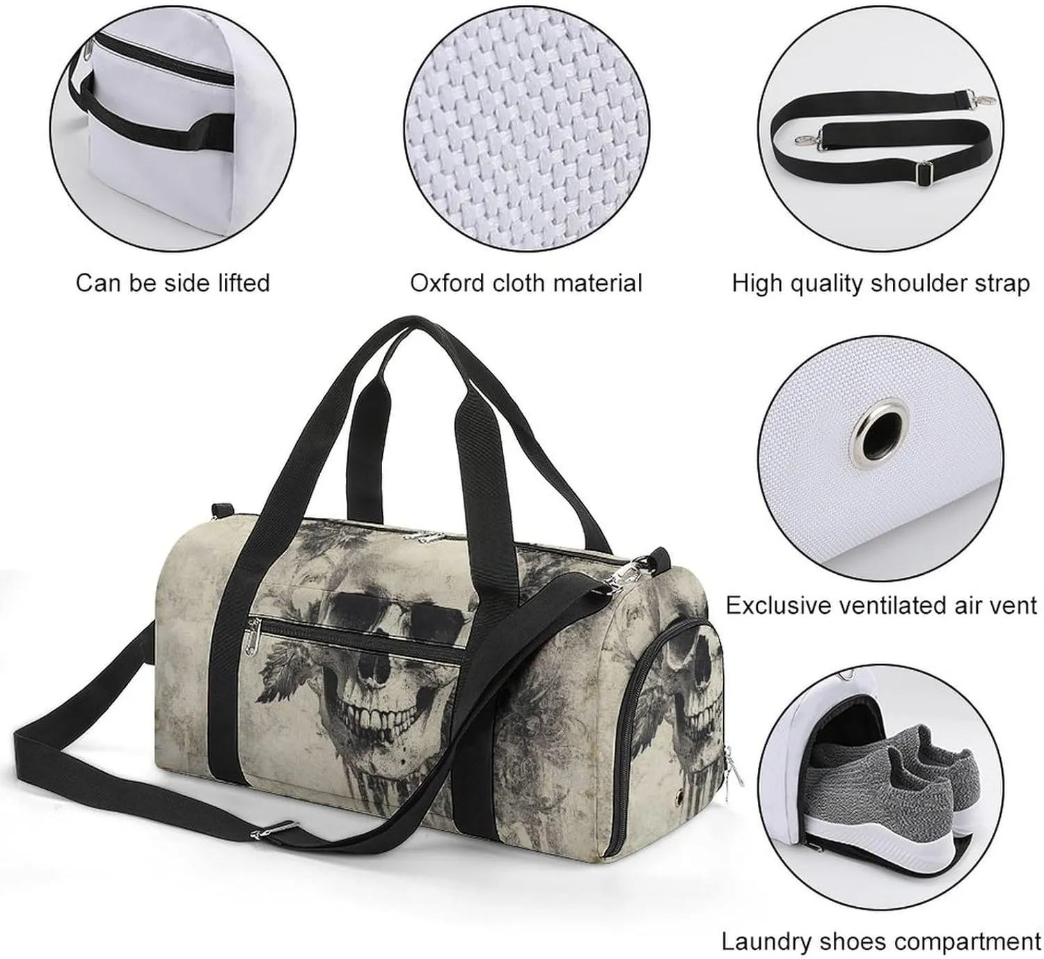 Vintage Gothic Skull Fitness Large Gym Bag for Unisex with Shoe Compartment & Wet Pocket