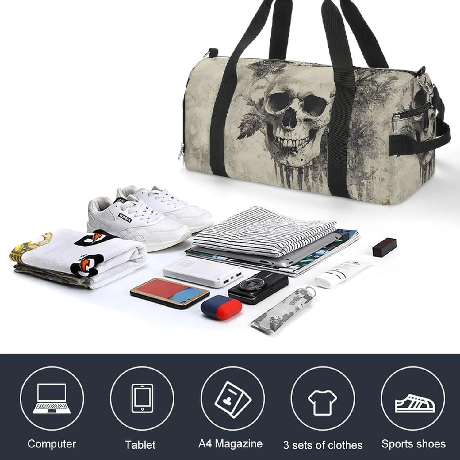 Vintage Gothic Skull Fitness Large Gym Bag for Unisex with Shoe Compartment & Wet Pocket
