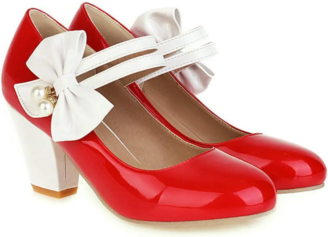 VOKLIN Women's Girls Lolita Sweet Bow Mary Jane Pumps Round Toe Ankle Strap Block High Heel Oxford Dress Shoes