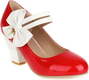 VOKLIN Women's Girls Lolita Sweet Bow Mary Jane Pumps Round Toe Ankle Strap Block High Heel Oxford Dress Shoes