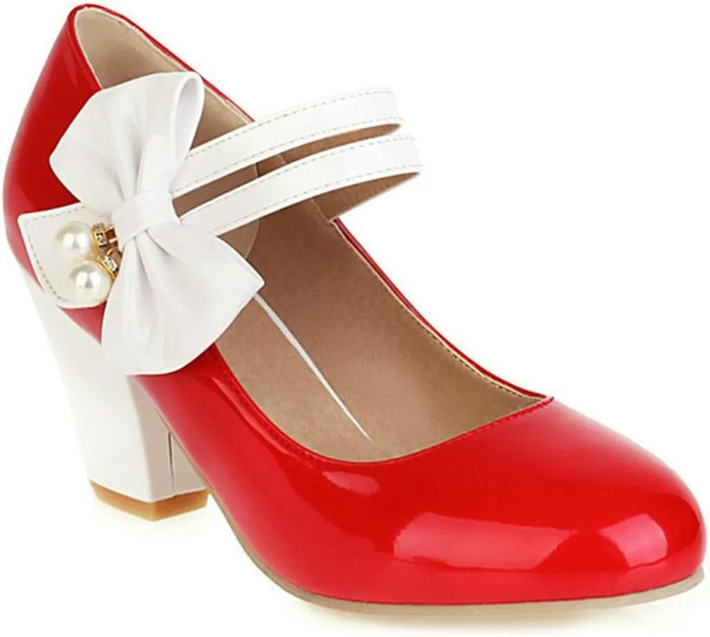 VOKLIN Women's Girls Lolita Sweet Bow Mary Jane Pumps Round Toe Ankle Strap Block High Heel Oxford Dress Shoes
