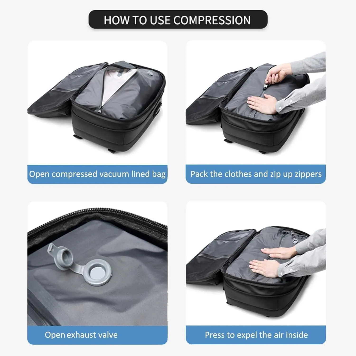 Voyagevac Backpack - 60L Large-Capacity Travel Backpacks Expandable with Compression, Vacpack Backpack with Vacuum (A Black (With Pump))