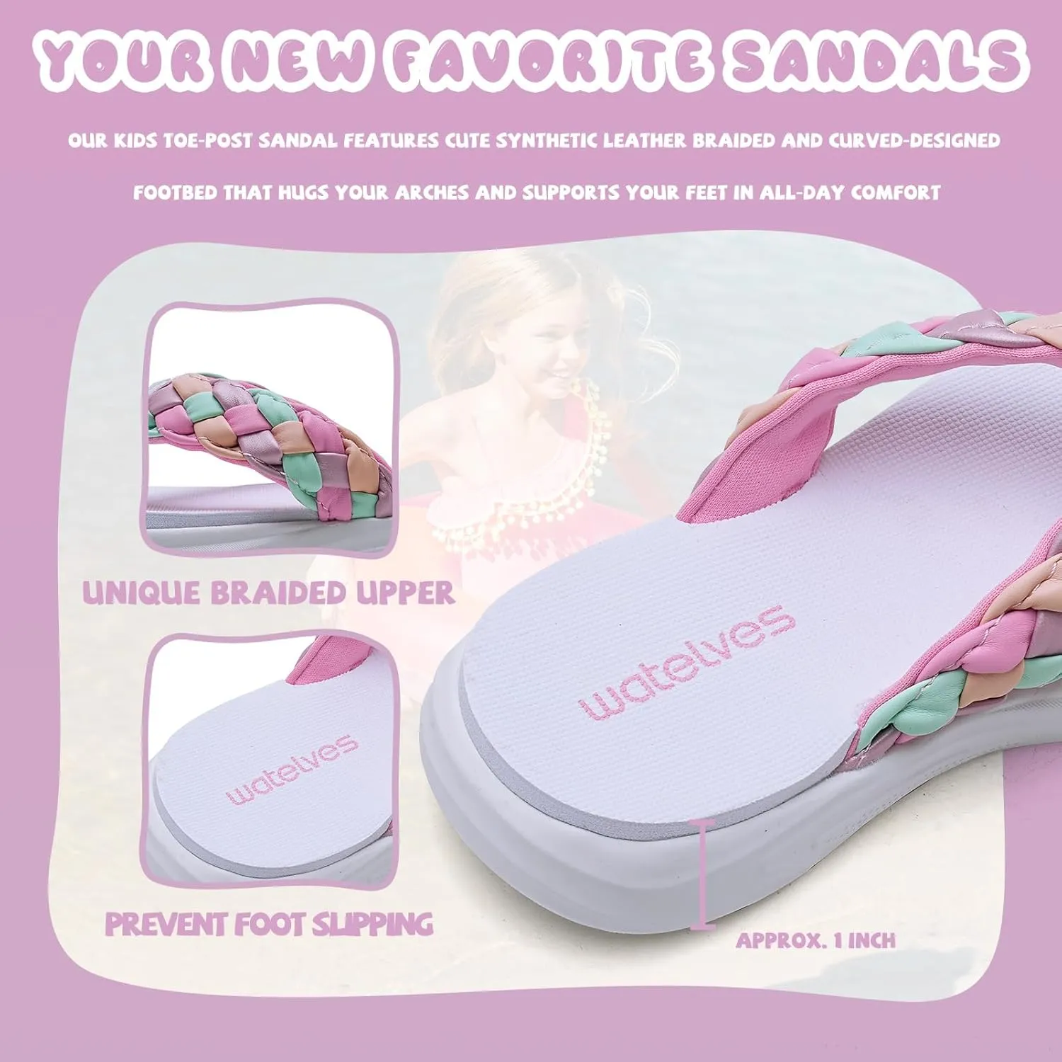 WateLves Girls Flip Flops Non-Slip Casual Thong Sandals Summer Sandal Shoes for Beach Swim Pool (Little Kid/Big Kid)
