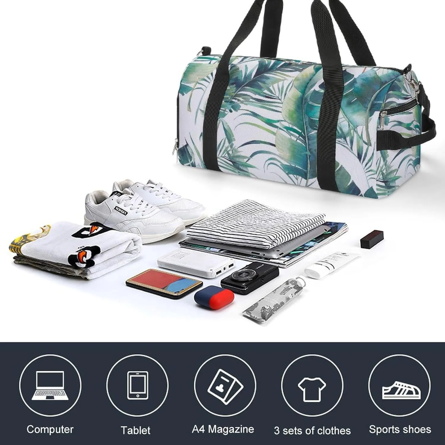Watercolor Palm Trees And Banana Fitness Large Gym Bag for Unisex with Shoe Compartment & Wet Pocket