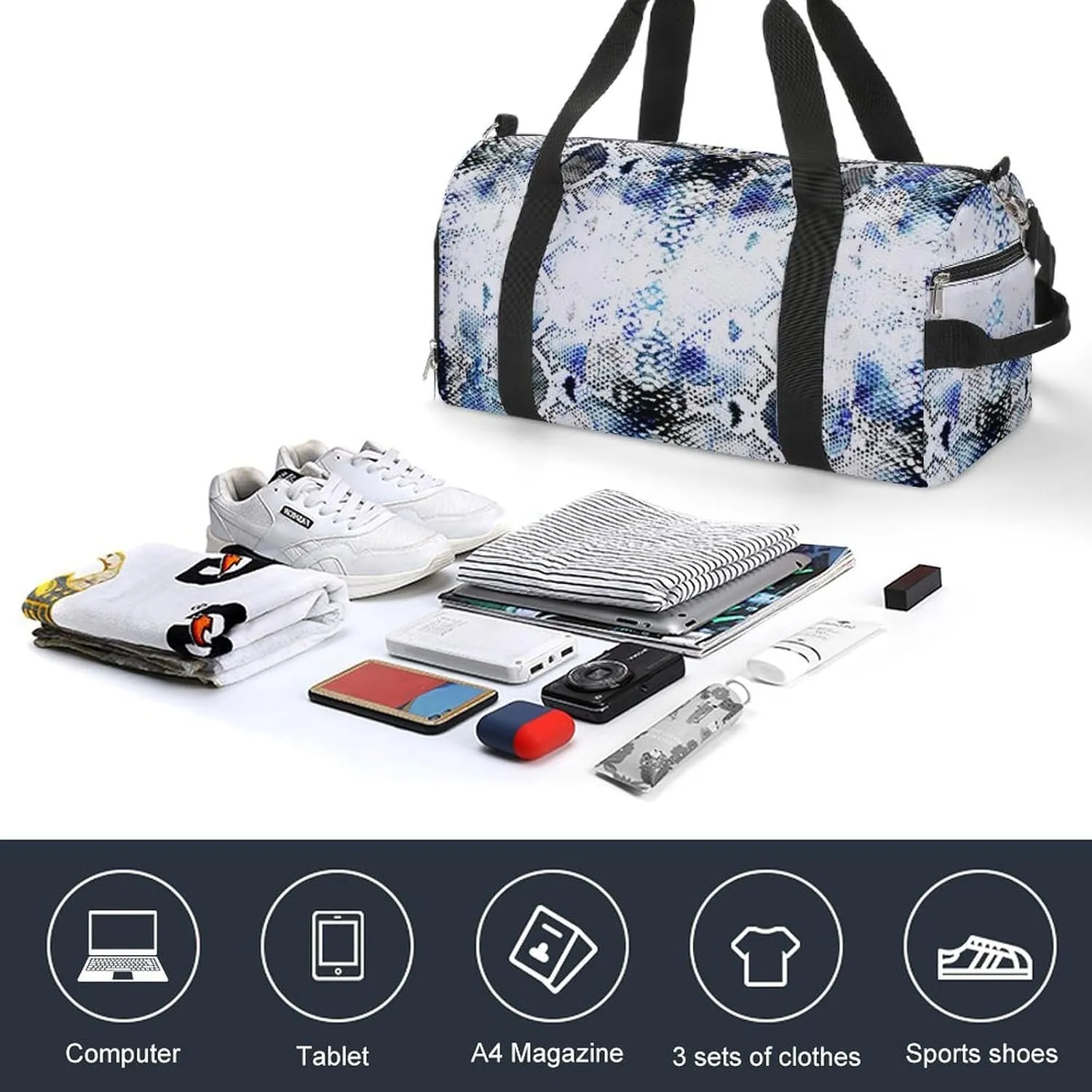 Watercolor Tie Dye Snake Skin Fitness Large Gym Bag for Unisex with Shoe Compartment & Wet Pocket
