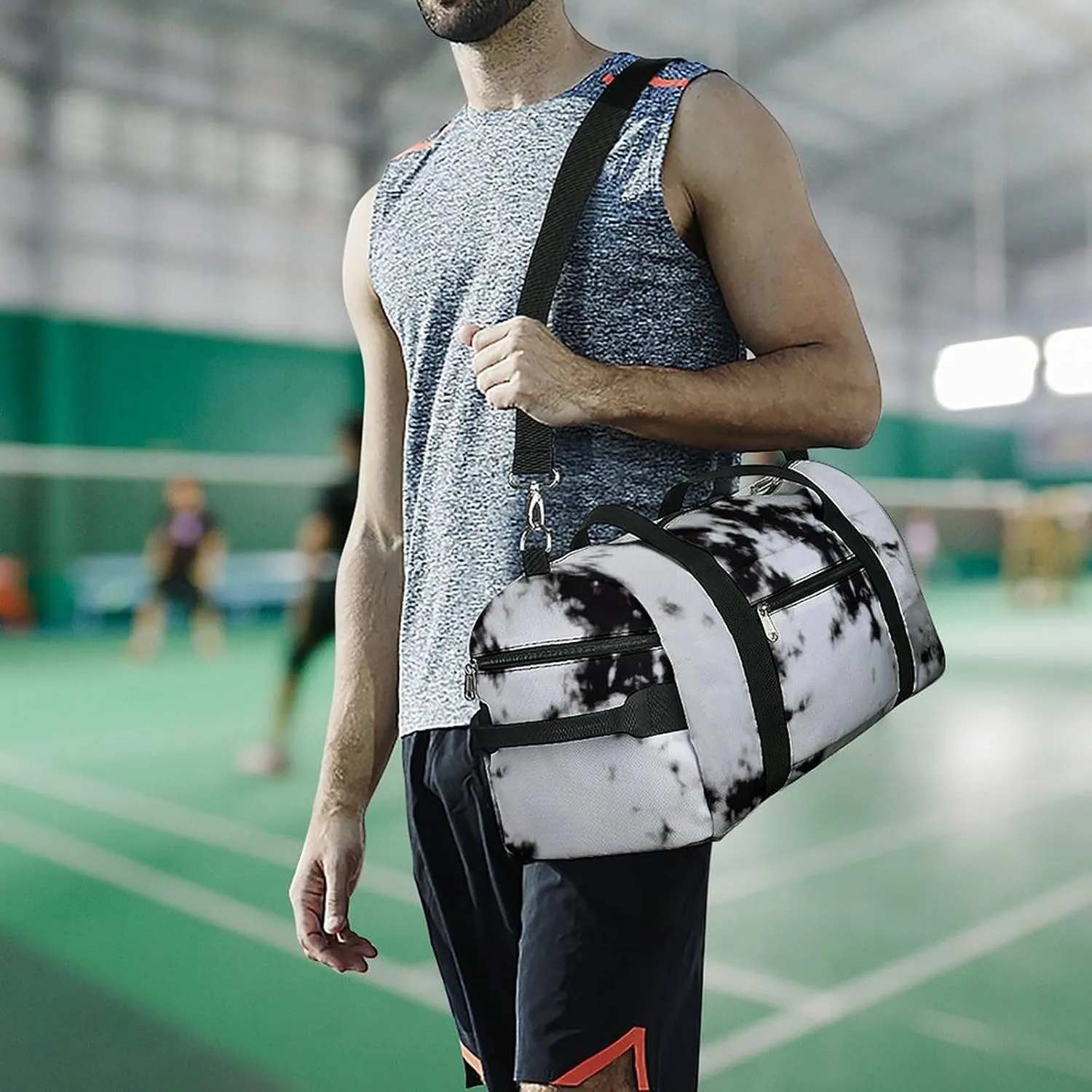 Watercolour Black White Tie Dye Fitness Large Gym Bag for Unisex with Shoe Compartment & Wet Pocket