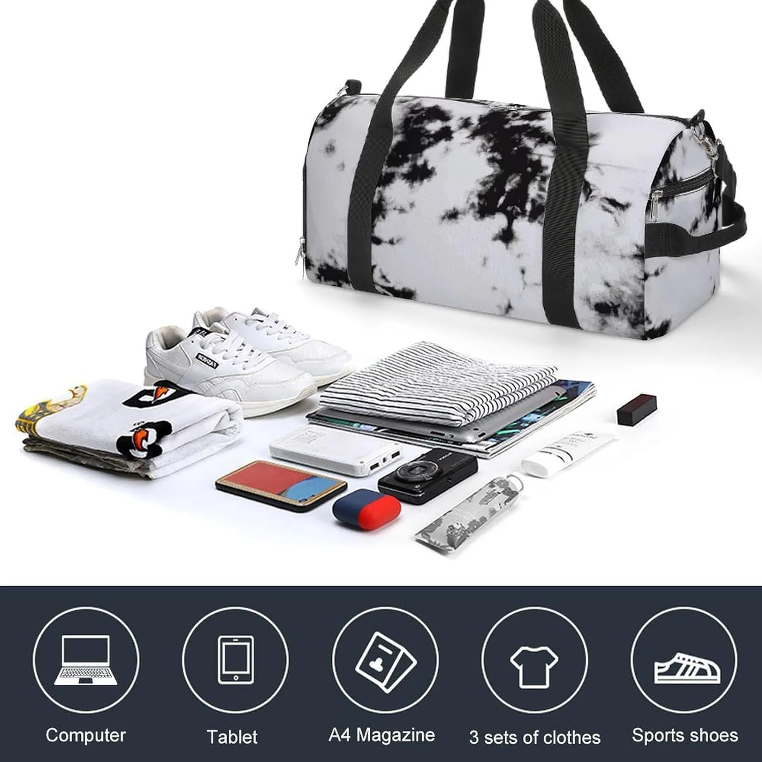 Watercolour Black White Tie Dye Fitness Large Gym Bag for Unisex with Shoe Compartment & Wet Pocket