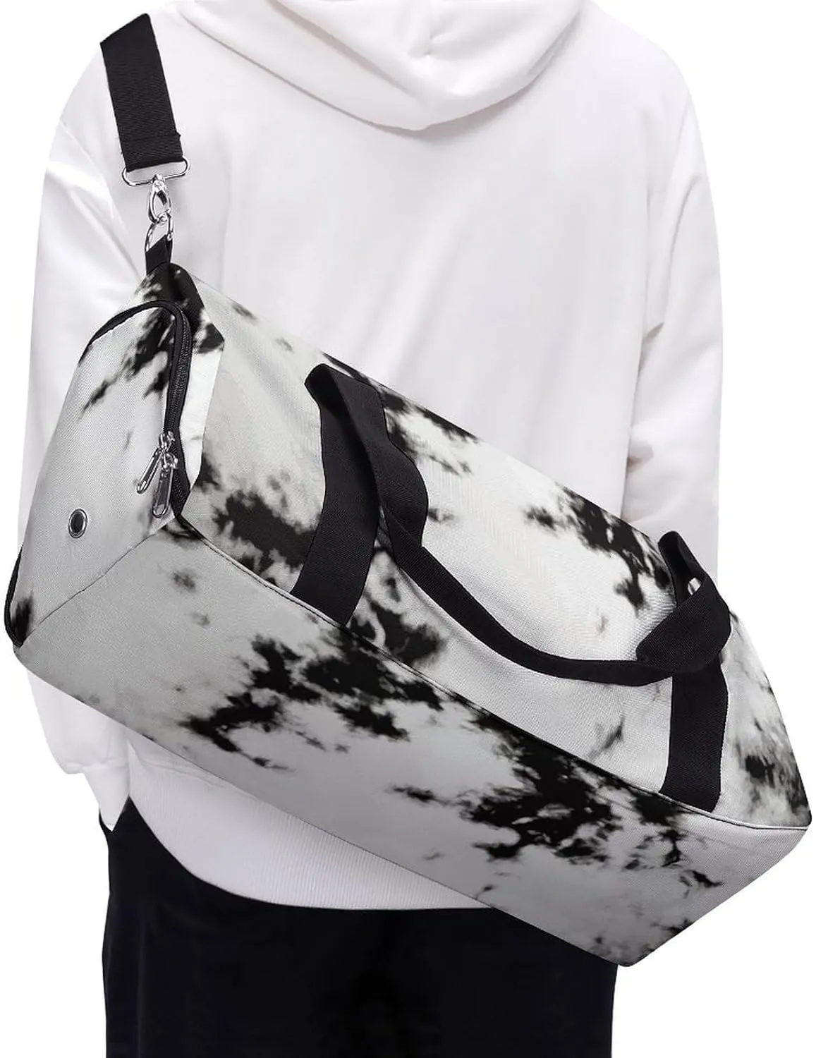 Watercolour Black White Tie Dye Fitness Large Gym Bag for Unisex with Shoe Compartment & Wet Pocket