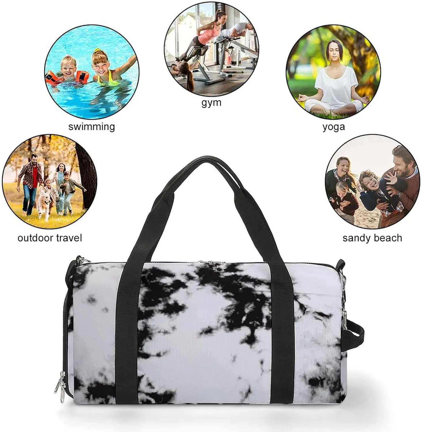 Watercolour Black White Tie Dye Fitness Large Gym Bag for Unisex with Shoe Compartment & Wet Pocket