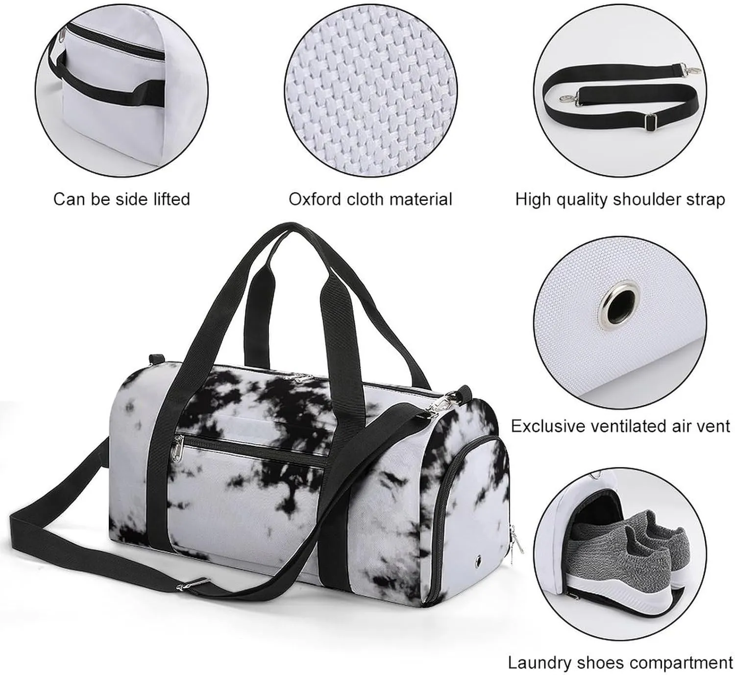 Watercolour Black White Tie Dye Fitness Large Gym Bag for Unisex with Shoe Compartment & Wet Pocket