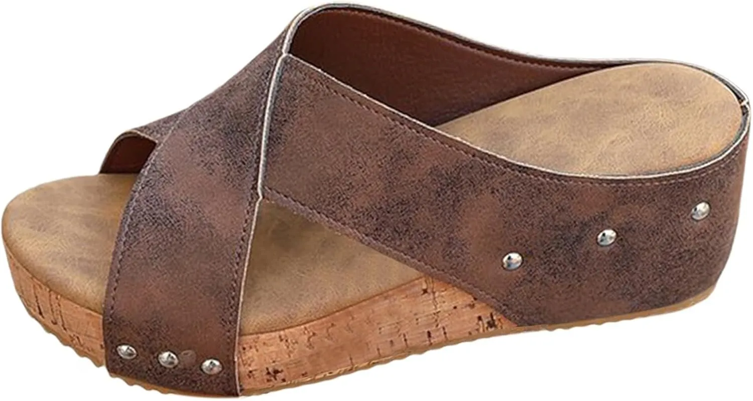 Wedge Sandals for Women Open Toe Slip On Slides Cork Heeled Cutout Comfortable Slide Sandals Criss Cross Straps Flat Clogs Slide Sandal Dressy Casual Boho Summer Beach Shoes