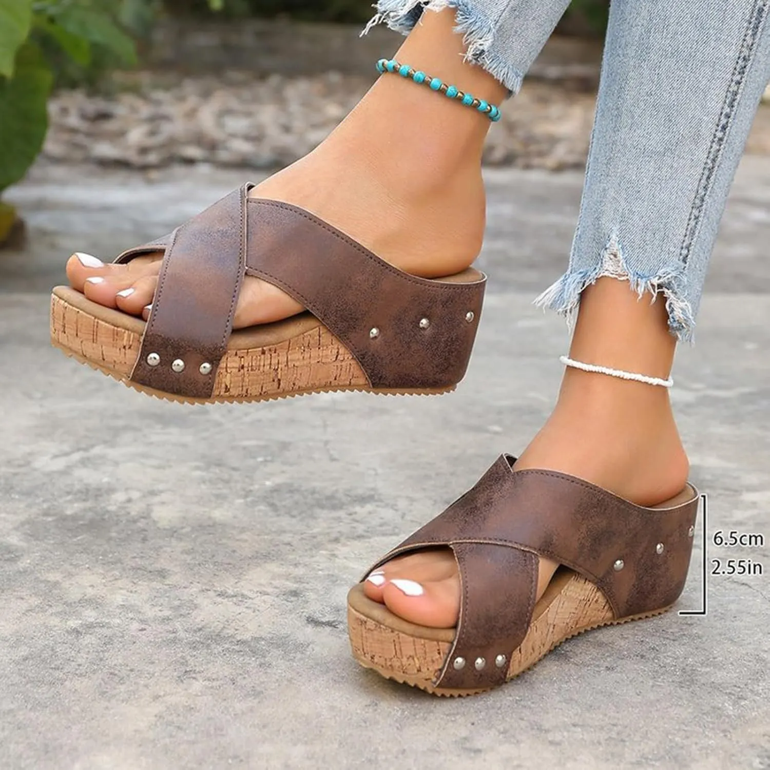 Wedge Sandals for Women Open Toe Slip On Slides Cork Heeled Cutout Comfortable Slide Sandals Criss Cross Straps Flat Clogs Slide Sandal Dressy Casual Boho Summer Beach Shoes