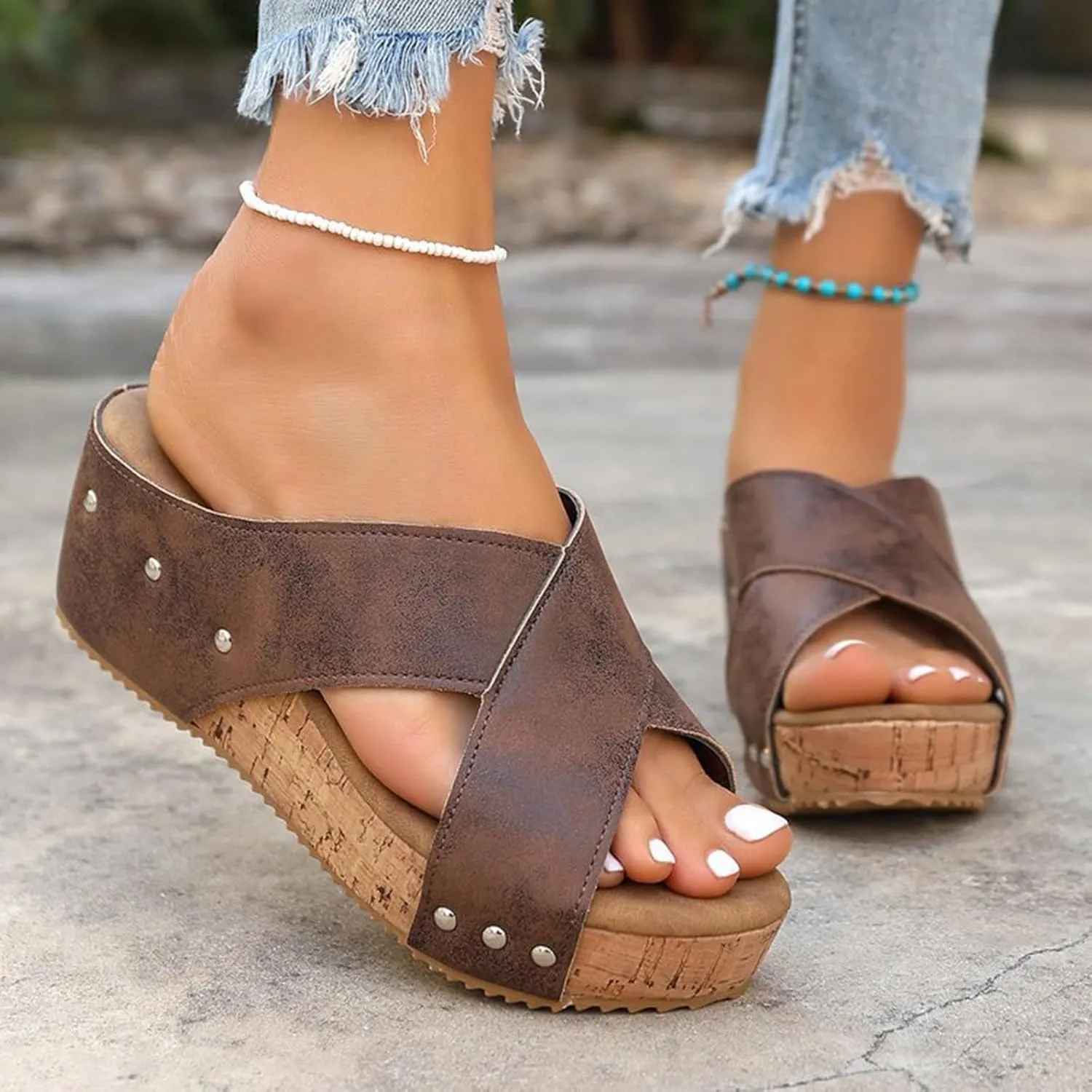 Wedge Sandals for Women Open Toe Slip On Slides Cork Heeled Cutout Comfortable Slide Sandals Criss Cross Straps Flat Clogs Slide Sandal Dressy Casual Boho Summer Beach Shoes