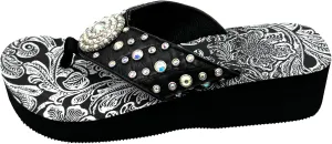 Western Peak Women's Black PU Leather AB Gemstone and Rhinestone Flip Flop Sandals