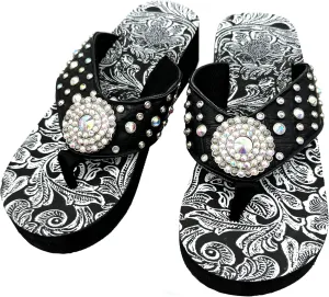 Western Peak Women's Black PU Leather AB Gemstone and Rhinestone Flip Flop Sandals