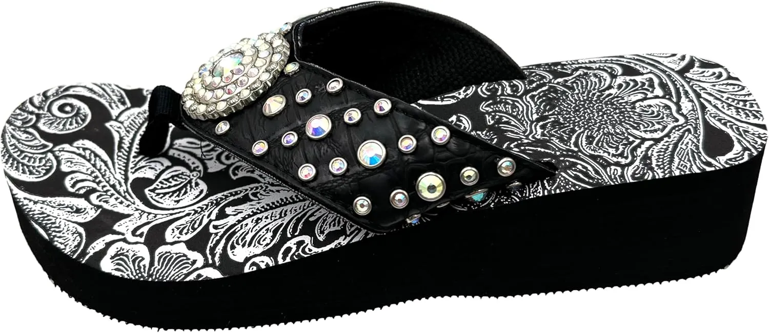 Western Peak Women's Black PU Leather AB Gemstone and Rhinestone Flip Flop Sandals