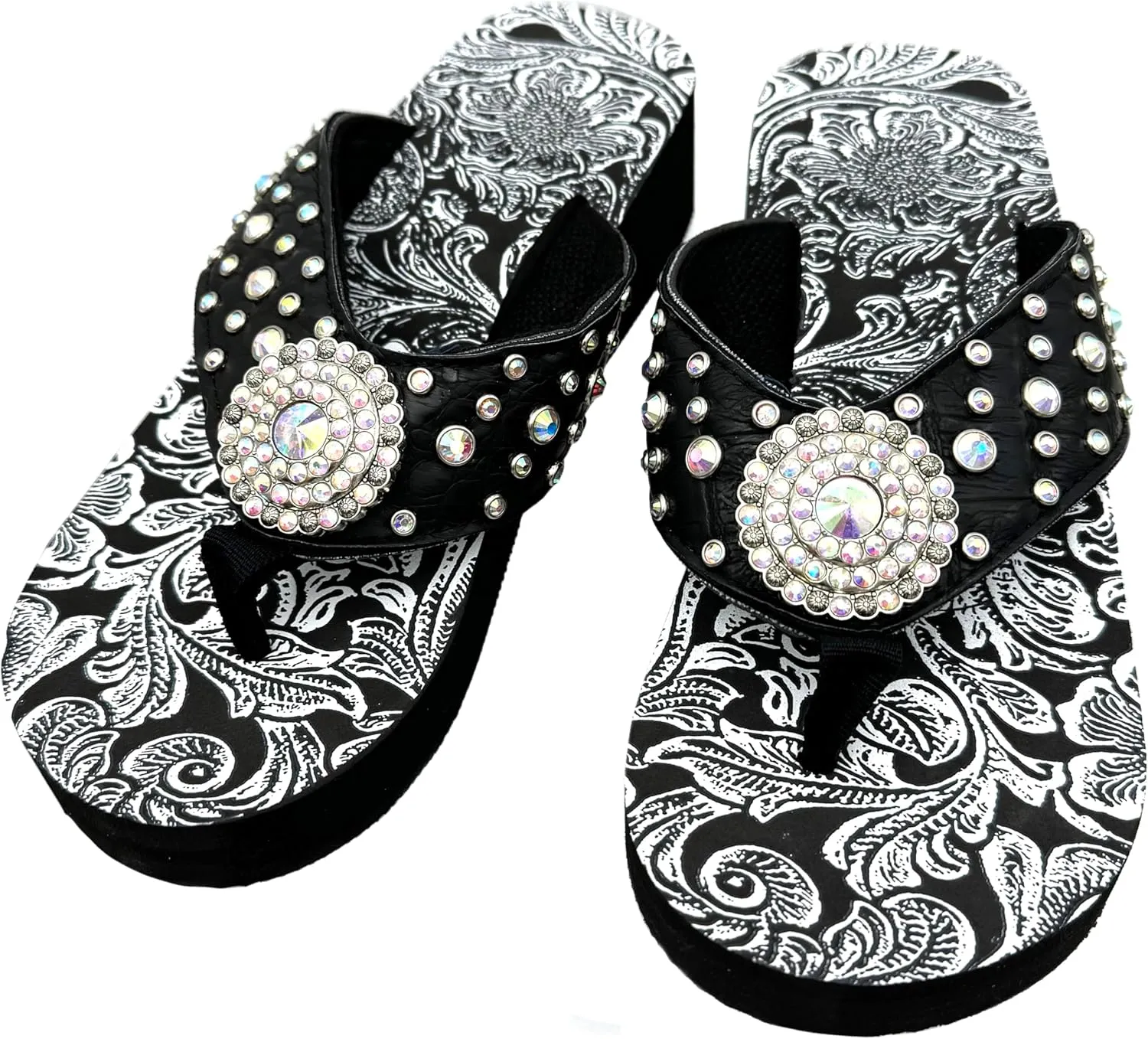 Western Peak Women's Black PU Leather AB Gemstone and Rhinestone Flip Flop Sandals