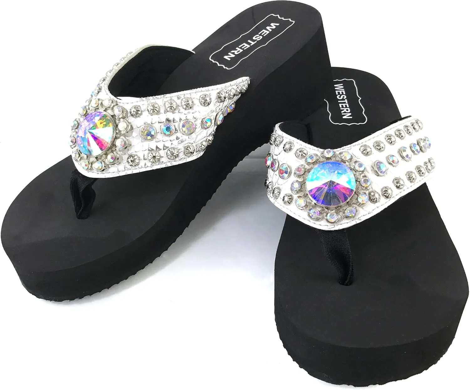 Western Peak Women's White PU Leather AB Gemstone and Rhinestone Flip Flop Sandals