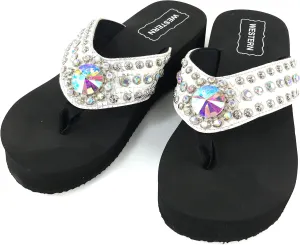 Western Peak Women's White PU Leather AB Gemstone and Rhinestone Flip Flop Sandals