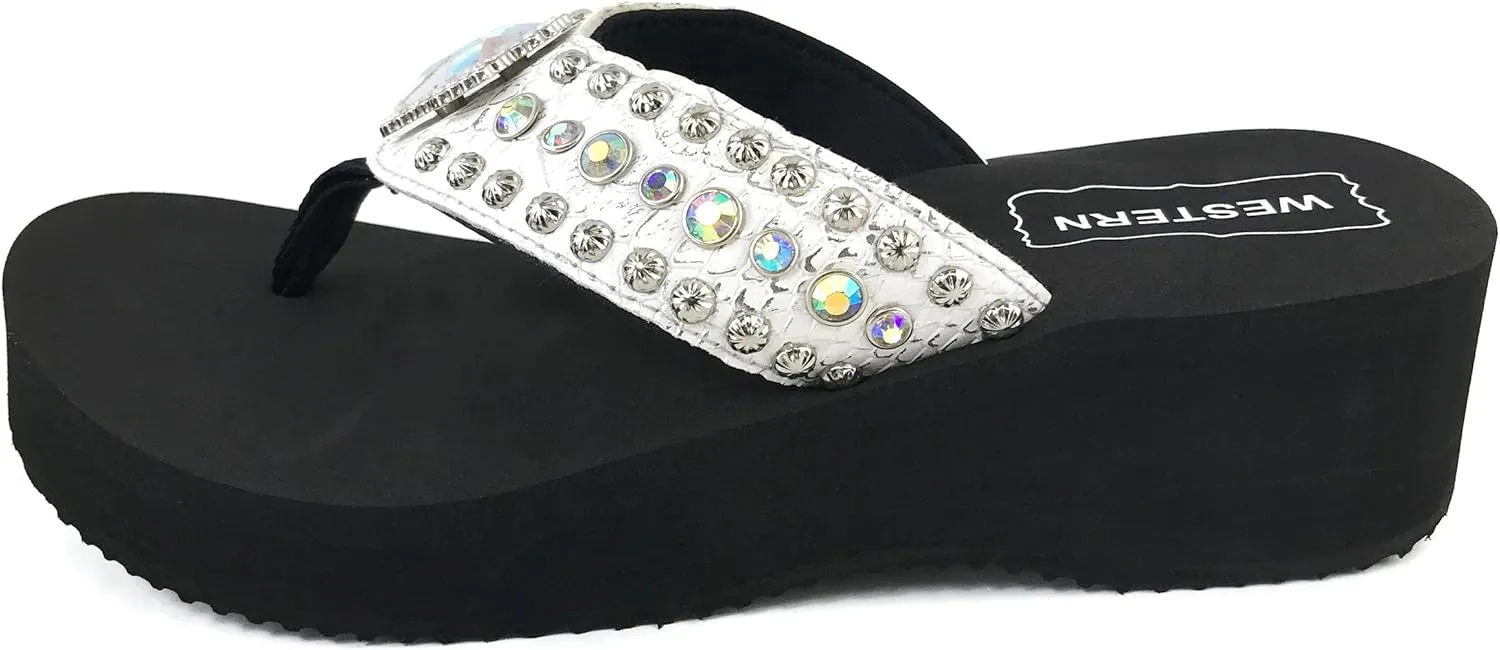 Western Peak Women's White PU Leather AB Gemstone and Rhinestone Flip Flop Sandals