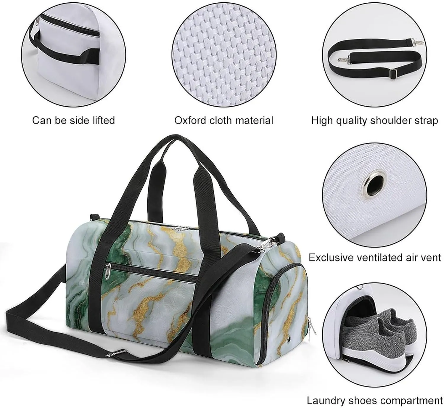 White And Green Marble Fitness Large Gym Bag for Unisex with Shoe Compartment & Wet Pocket