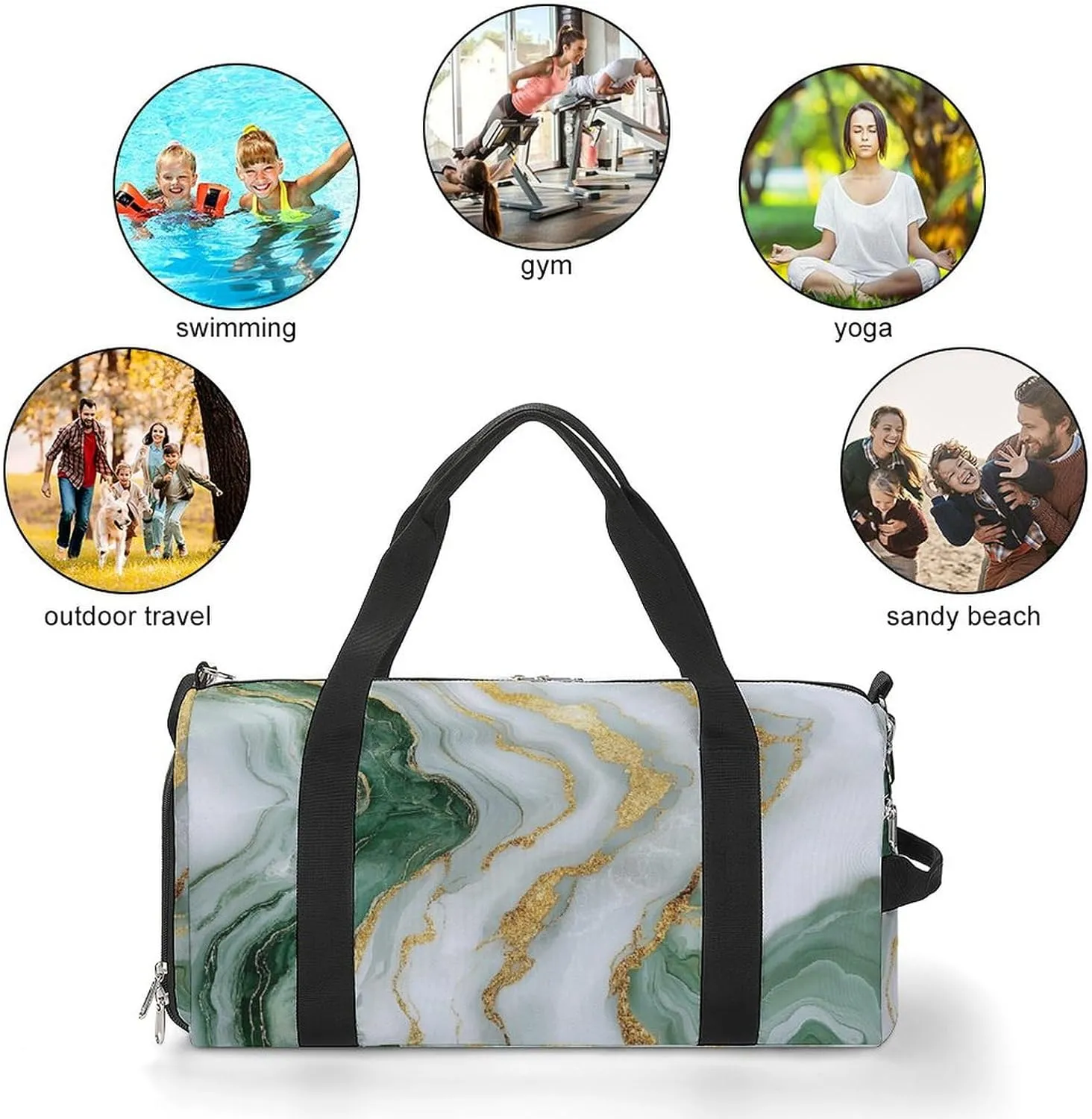 White And Green Marble Fitness Large Gym Bag for Unisex with Shoe Compartment & Wet Pocket
