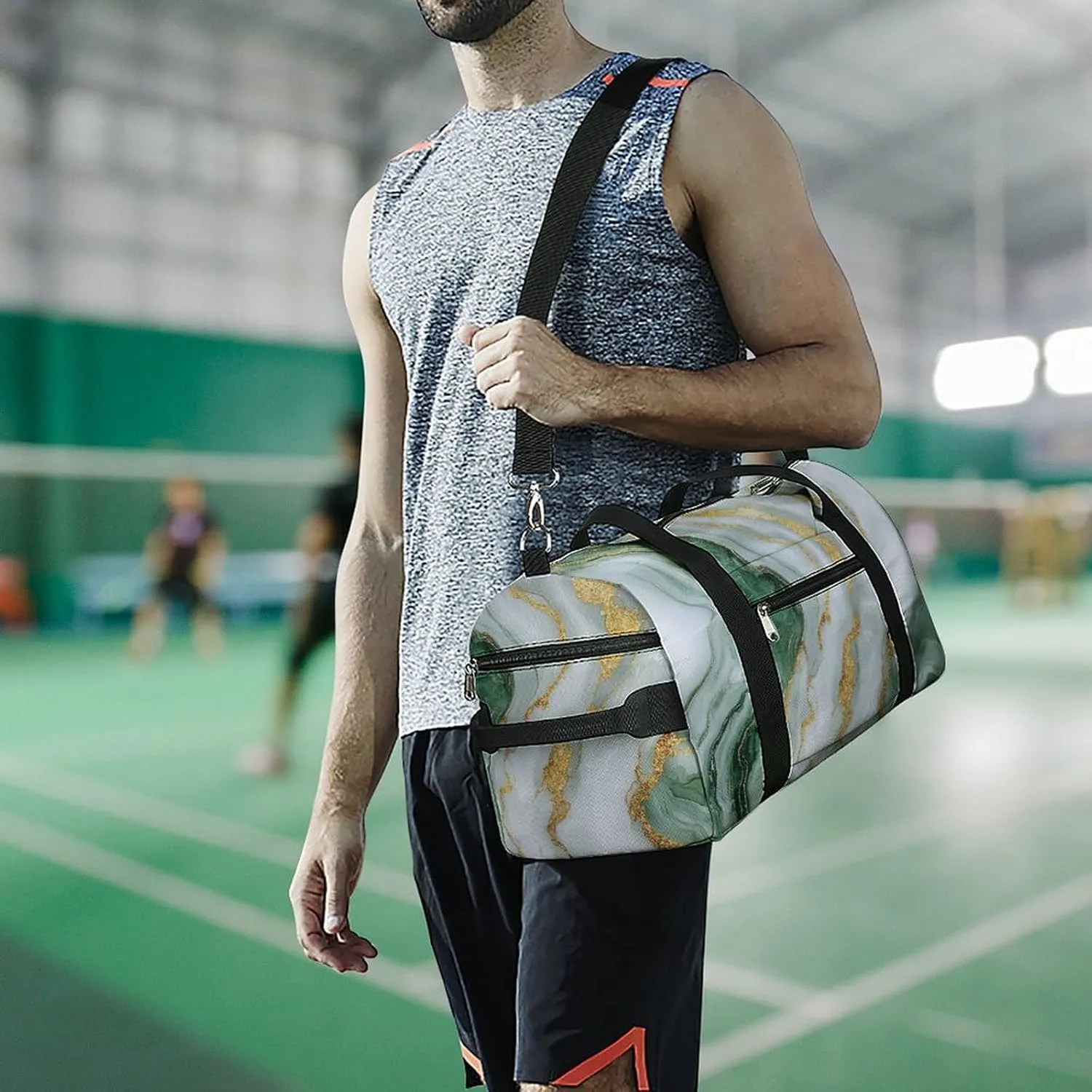 White And Green Marble Fitness Large Gym Bag for Unisex with Shoe Compartment & Wet Pocket