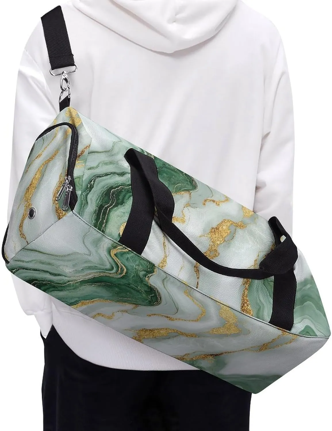 White And Green Marble Fitness Large Gym Bag for Unisex with Shoe Compartment & Wet Pocket