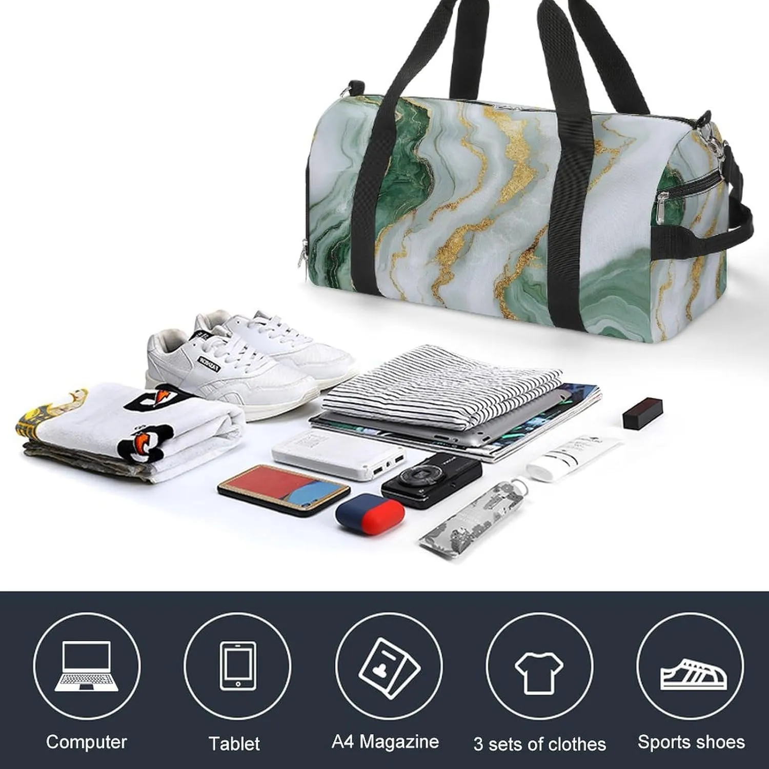 White And Green Marble Fitness Large Gym Bag for Unisex with Shoe Compartment & Wet Pocket