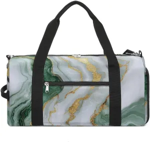 White And Green Marble Fitness Large Gym Bag for Unisex with Shoe Compartment & Wet Pocket