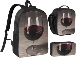Wine Bottle Glass print Backpack Set Casual Shoulder Bag Lunch Bag Pen Pouch 3 in 1 Set 17inch for Women Men College