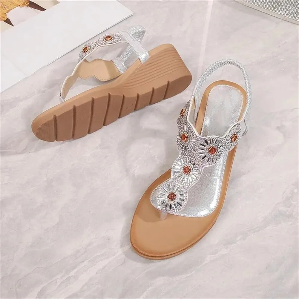 Women Wedge Gladiator Sandals Flip Flop Shoes Bohemian Style Rhinestones Flower Beach Sandals