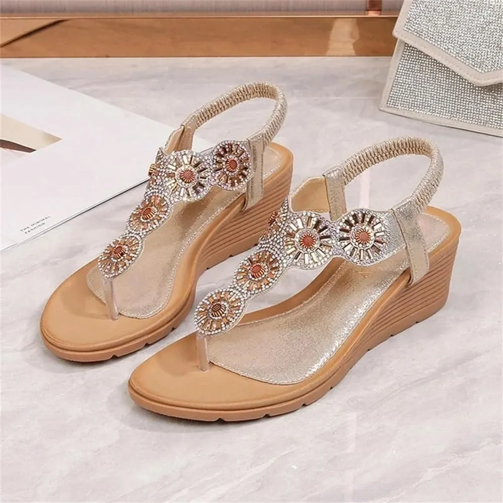 Women Wedge Gladiator Sandals Flip Flop Shoes Bohemian Style Rhinestones Flower Beach Sandals