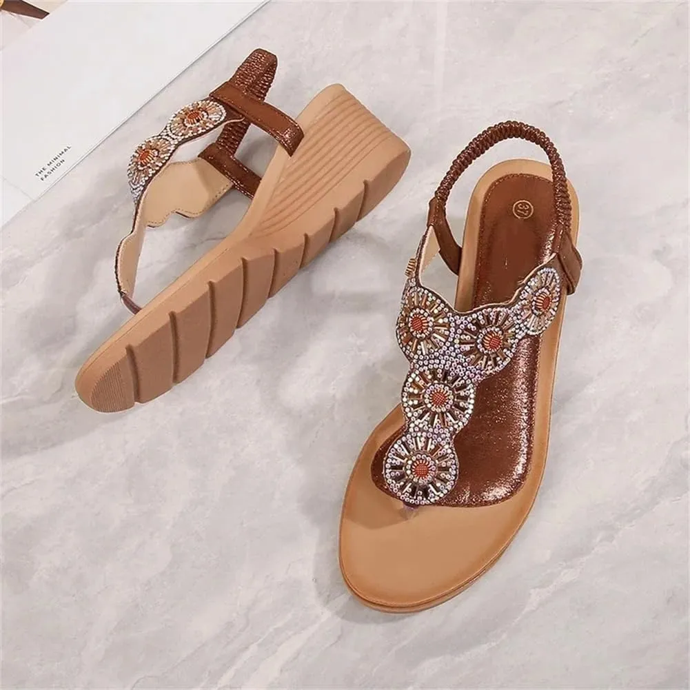 Women Wedge Gladiator Sandals Flip Flop Shoes Bohemian Style Rhinestones Flower Beach Sandals
