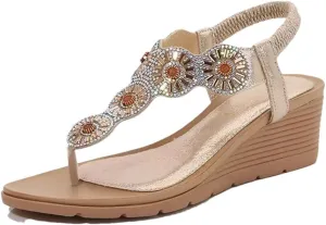 Women Wedge Gladiator Sandals Flip Flop Shoes Bohemian Style Rhinestones Flower Beach Sandals