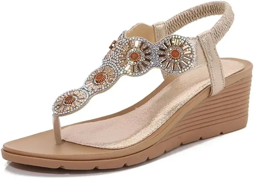 Women Wedge Gladiator Sandals Flip Flop Shoes Bohemian Style Rhinestones Flower Beach Sandals